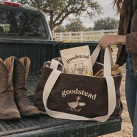 Goodstead tote and dishwasher tablets on a country tailgate