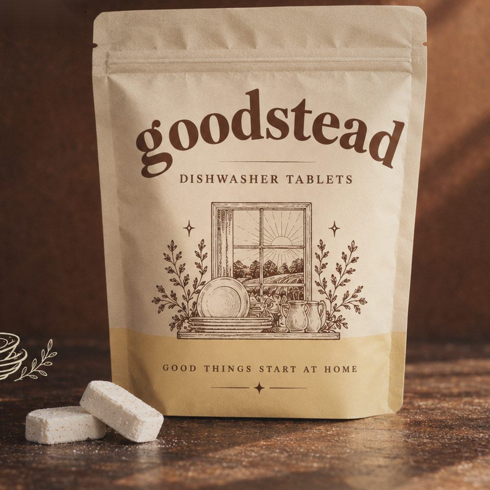 Goodstead dishwasher tablet pouch and tablets on a wooden counter